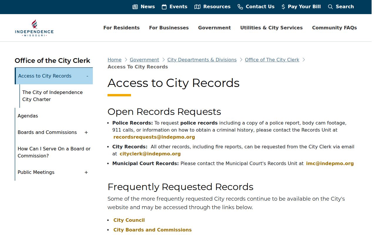 Independence residents directory City Clerk public records access page
