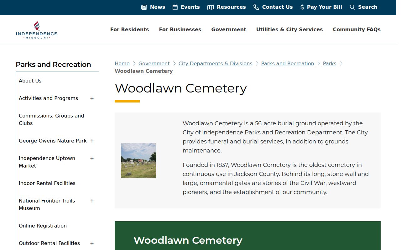 Independence past residents Woodlawn Cemetery history and plot research page